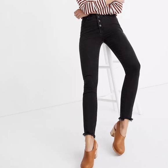 Madewell Denim - Madewell 9” High Rise Skinny Black Jeans with Raw Hem & Exposed Buttons Size 26